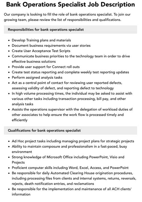 electronic banking specialist job description|banking operations specialist job description.